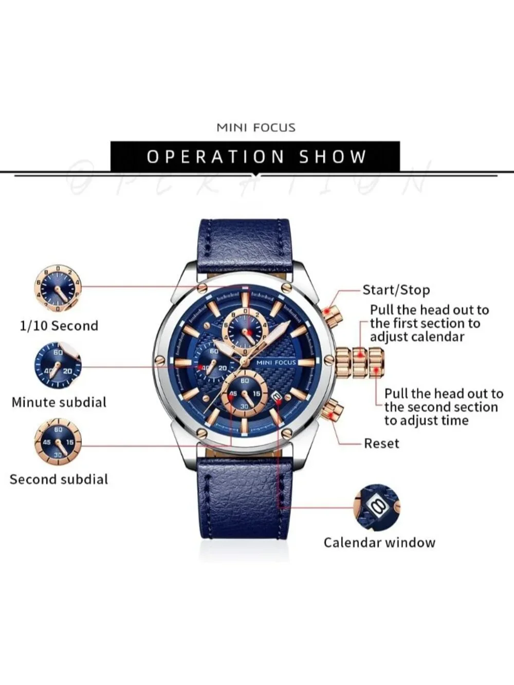 Men's Blue Leather Band Multifunction Waterproof Luminous Casual Wrist Watch